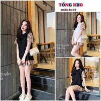 Set áo phông BBR chân váy tennis ngắn caro JK có quần lót, Bộ áo thun đầm xếp ly xòe kẻ ô nữ sinh - TONGKHO