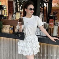 set áo phông chân váy,áo phông nữ cổ tròn tag miu mix chân váy tầng chấm bi C249