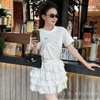 set áo phông chân váy,áo phông nữ cổ tròn tag miu mix chân váy tầng chấm bi C249