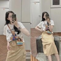 Set Áo Phông Gấu Mix Chân Váy Kaki Thô Dáng Dài Cá Tính, Bộ Đồ Nữ Áo Phông Phối Chân Váy Có Ảnh Thật
