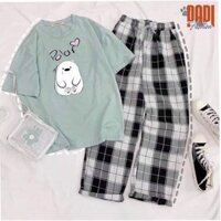 Sét Áo Phông Gấu Pola Và Quần Kẻ Đen, Áo Thun From Rộng, Chất Đẹp Không Xù, Quần Suông Ống Rộng, DVGIT