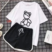 SÉT ÁO PHÔNG IN CHÚ GẤU TRẮNG ĐEN KÈM QUẦN ĐÙI VIỀN SIÊU ĐẸP