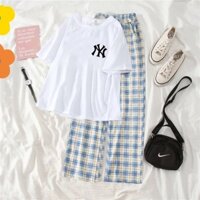 SÉT ÁO PHÔNG KÈM QUẦN KẺ XANH LOGO YN RẤT COOL VÀ DỄ THƯƠNG