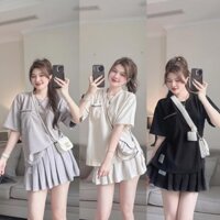 Sét áo phông mix chân váy xếp ly ngắn có quần chất cotton tàu basic ba màu thời trang