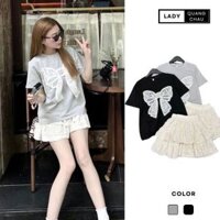 Set áo phông nữ cộc tay cổ tròn nơ to đính ngọc phối chân váy ngắn xếp ly 2 tầng chất thun cotton hàng đẹp loại 1 LADY