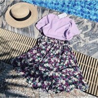 Set áo phông tím phối chân váy hoa vintage