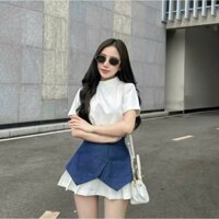 Set áo phông trắng cổ tròn phối chân váy phối jeans cá tính