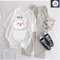 Sét áo phông Trắng in Nhiều hình 3D+Quần kaki, Áo thun from rộng, mặc cho Nam và nữ chất đẹp, Sét bộ mặc ở nhà-ShopTrang