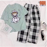 Sét Áo Phông Xanh In 3D Hình Dễ Thương Và Quần Kẻ Karo, Áo Thun From Rộng, Chất Đẹp Không Xù, Quần Suông Ống Rộng DVGIT