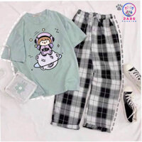 Sét Áo Phông Xanh In Hình Dễ Thương Và Quần Kẻ Đen, Áo Thun From Rộng, Rộng Rãi Thoải Mái Jadefashion
