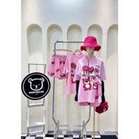 Set Áo Phông Xẻ Tà In Hình Mặt Cười Kèm Nơ Phối Quần Đùi Dễ Thương, Năng Động