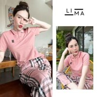 Set Áo Polo Hồng Thêu Logo Bbr + Quần Suông Kẻ Màu Hồng Lima Fashion, Set Bộ Bbr Nữ Màu Hồng Cotton QA86