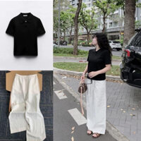 Set Áo Polo Nữ Zr Màu Đen Và Quần Linen Ống Suông Trắng
