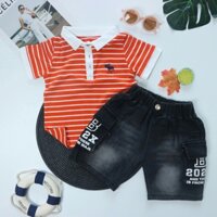 Set áo polo sọc cam thêu hươu ở ngực kèm quần jean hoặc kaki cho bé