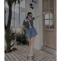 SET ÁO POLO SỌC FORM LỬNG TAY VIỀN + CHÂN VÁY JEAN CÓ CHUN 2 BÊN