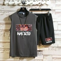 Set áo quần short đùi nam nữ sát nách ba lỗ in hình NARUTO Bộ cộc tay from rộng  - BTT BA LỖ NARUTO XÁM - FREE SIZE 40-70KG