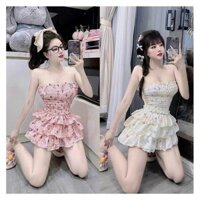 Set áo quây chân váy 3 tầng chất đũi hoạ tiết dễ thương Freesize dưới 50kg