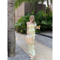 Set áo quây + chân váy màu vàng Pastel ngọt ngào