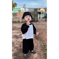 Set áo raplang phối màu tay dài với quần bí cotton