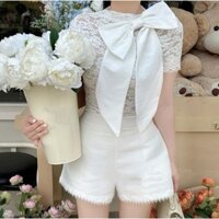 Sét áo ren Có Lót  phối nơ và chân váy 2 tầng bản thun  Eo dưới 73cm