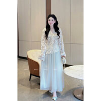 Sét áo ren cổ v tay dài phối chân váy voan xoè dáng dài siêu đẹp tiểu thư