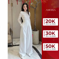 Set áo ren dài tay kèm quần ống rộng màu trắng công sở nhẹ nhàng,thanh lịch A_826