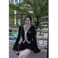 SET ÁO REN DÀI TAY XẾP BÈO CHỮ X + CHÂN VÁY TẦNG