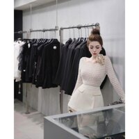 Set áo ren đính hoa khoét lưng mix quần giả váy, Set bộ đồ nữ áo ren dài tay phối quần giả váy sang chảnh
