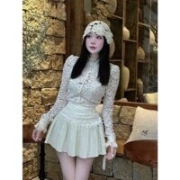Set áo ren hoa quảng châu nút ngọc phối cùng chân váy tầng xếp ly ren hoa đính nơ có áo lót trong