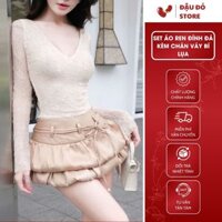 Set Áo Ren Lưới Đá Cổ Tim Dài Tay Ống Loe Phối Chân Váy Dáng Bí 2 Tầng Dây Nơ Sang Trọng Quyến Rũ