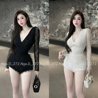 Set áo ren lưới đính đá cổ V phối quần lông chảnh lắm