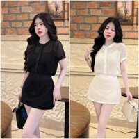 Set áo ren lưới gài nút sẵn mút kèm chân váy ngắn sành điệu