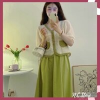 Set Áo Ren Lưới Ngắn Tay Và Chân Váy Cạp Chun Midi Phối màu Cực Xinh