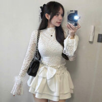 Set Áo ren lưới QC mềm tay loe phối lông có lót trong mix chân váy xoè 2 tầng( kèm nơ cài rời) LH71