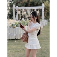 Set áo ren lưới trắng mix chân váy xếp ly siêu phẩm