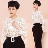 Set áo ren nổi + Chân váy đen kèm belt tuyệt đẹp