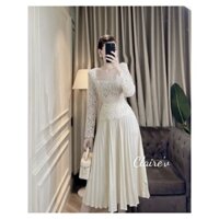 Set áo ren nữ tiểu thư cổ vuông dài tay kèm chân váy xếp ly dáng dài maxi bánh bèo đi tiệc cưới Hàn Quốc