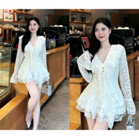 Sét Áo Ren QC TK Tay Loa & Chân Váy Tơ Tầng Phối Ren Xoè) Áo 2 Lớp Lót. Màu Đen,Trắng Kem