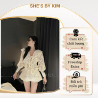 Set áo ren quần giả váy tafa 2 lớp tay đính khuy ngọc