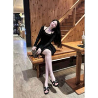 Sét áo ren tay dài cổ yếm phối chân váy xoè sang chảnh. Shop NiNi