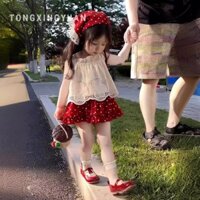 Set áo ren trắng + chân váy đỏ chấm bi dễ thương cho bé gái (tặng khăn)