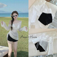 Set áo ren trắng form dài lệch vai tay dài + áo bra 2 dây trắng + short đen