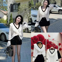 Set Áo Ren Trắng Tay Dài Phối Quần Nhung Cao Cấp FumiStore