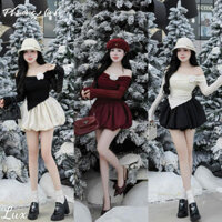 SET ÁO REN TRỄ VAI TAY DÀI ĐÍNH HOA PHỐI CHÂN VÁY BÍ