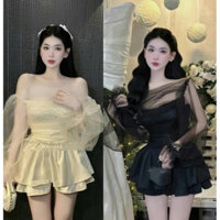 Set áo rớt vai phối lưới siêu đẹp kèm chân váy dễ thương năng động cho nữ đi chơi dự tiệc sang trọng