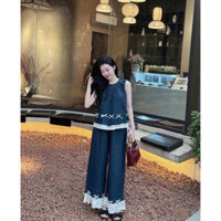 Set Áo Sát Nách Bò GIấy Ren Phối Quần Dài Đính Nơ