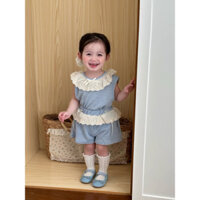 Set Áo Sát Nách Cổ Phối Bèo Màu Xanh Và Quần Đùi Màu Xanh Dành Cho Bé Gái Mùa Hè Phong Cách Hàn Quốc