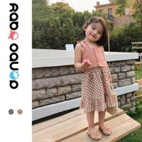 Set Áo Sát Nách Và Chân Váy Xòe Họa Tiết Caro Đen Trắng Hồng Dành Cho Bé Gái