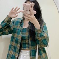 SET ÁO SƠ MI  ÁO CROPTOP, set ulzzang kẻ caro áo sơ mi croptop, combo áo sơ mi croptop xuống phố, set áo croptop sơ mi sọc dài tay, Set áo sơmi nữ sọc tay phồng croptop - Xanh - FreeSize từ 40kg đến 70kg