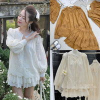 Sét áo sơ mi babydoll dài tay thô boi dập hoa + chân váy 2 tầng